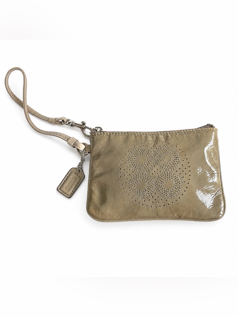 2010 Coach Signature Perforated Logo Patent Leather Wristlet Stone Beige Y2K